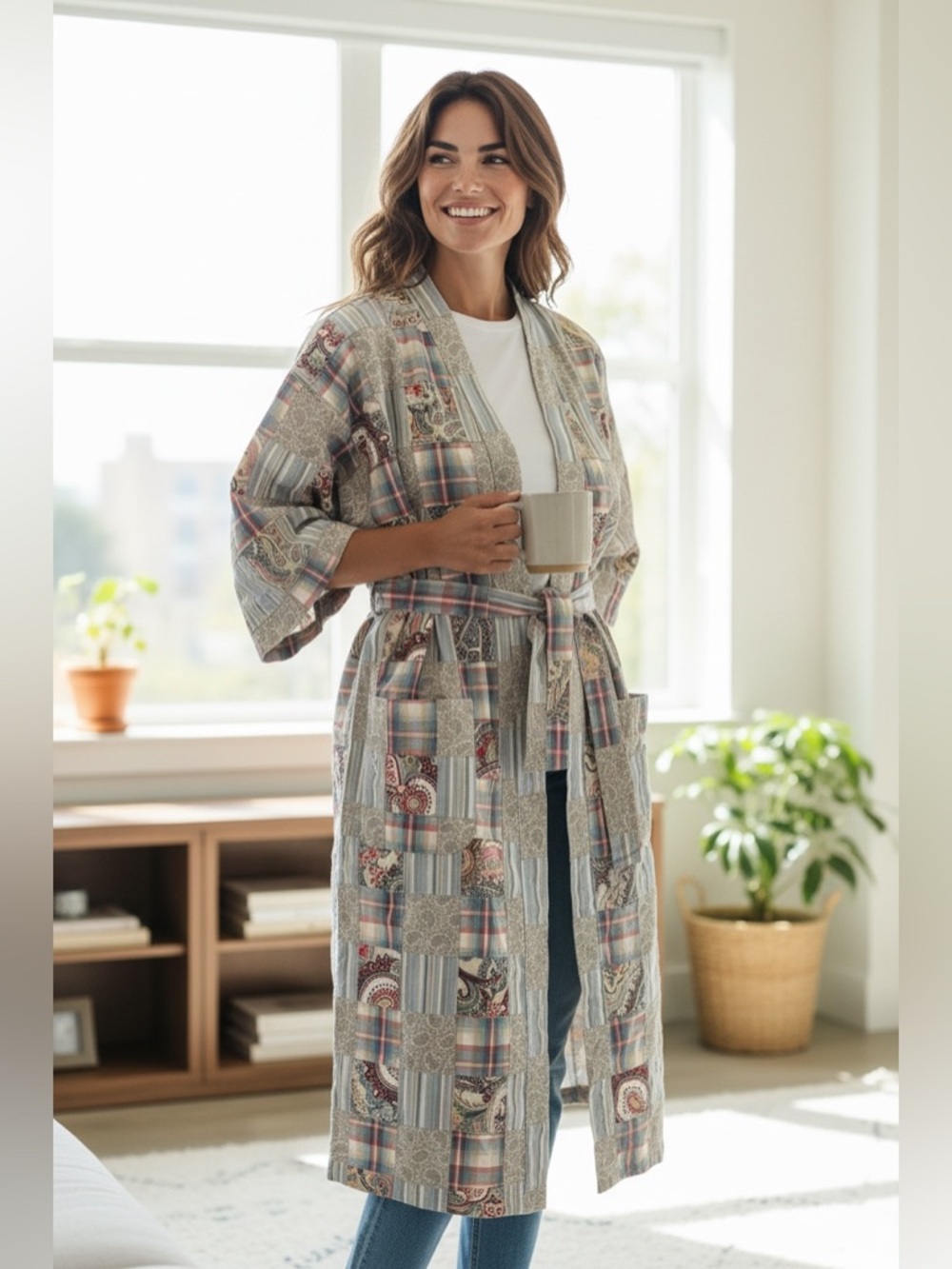 Signature Majestic Patchwork Kimono Robe in Blue & Red One Size